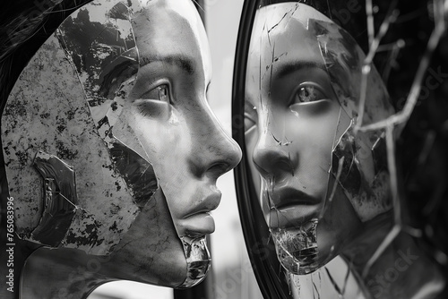 This striking monochromatic image captures a moment of profound introspection, featuring the mirrored profiles of advanced humanoid robots. Their faces, a canvas of tarnished silver, exhibit a texture photo