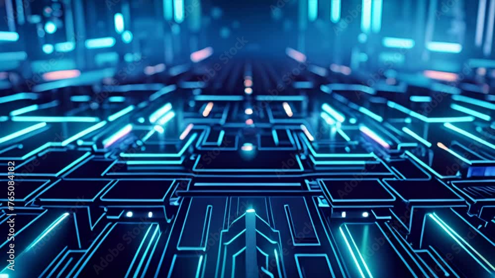 Abstract background with glowing neon room. Geometric and modern shiny stripe line art design. Dark wall illuminated with led lamps. Blue futuristic technology wallpaper. Generative AI