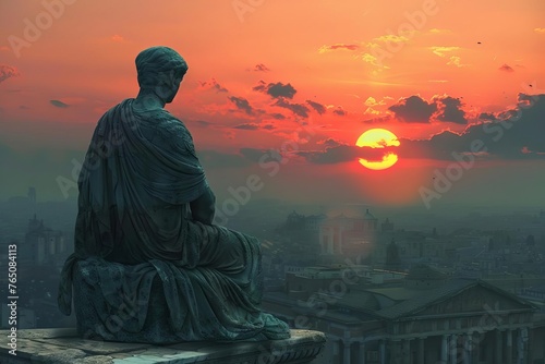 Silent Sentinel Stoic Statue Overlooking an Ancient City at Dawn, Digital Art Historical Guardian Theme