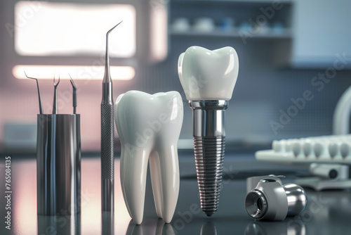 Dental background with crowns, teeth models, tools on table in office close up, sleek focus with space for text or inscriptions
