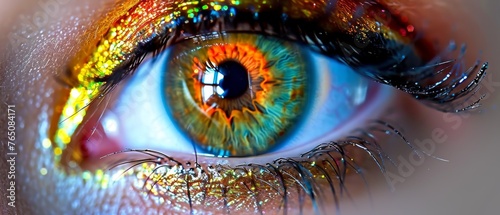  A close-up photo of an individual's eye, featuring a multicolored iris and a central black spot