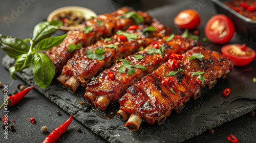 Deliciously spicy barbecued ribs garnished with fresh herbs on a black slate surface, depicting gourmet cooking.