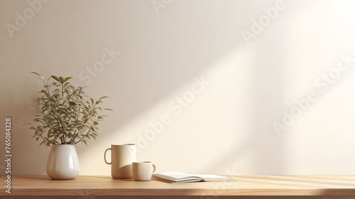 Morning's gentle light illuminates a cozy nook, where a cup of freshly brewed coffee, an assortment of reading materials, and an empty frame mockup rest on a timber tabletop