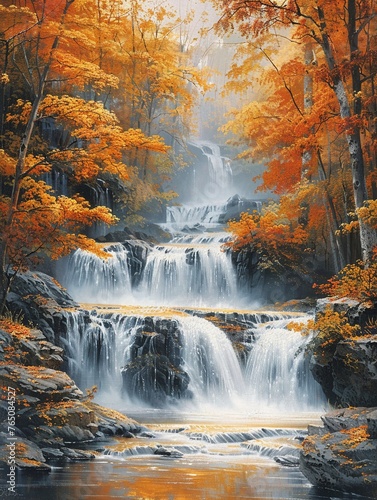 Cascading waterfalls amidst fallcolored forests  closeup  soft morning mist  vibrant leaves