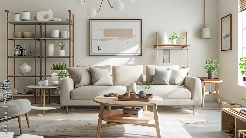 Bright and Welcoming Modern Living Room Setup with a Cozy Sofa, Minimalist Table, and Wooden Racks, Offering Ample Copy Space for a Personal Touch