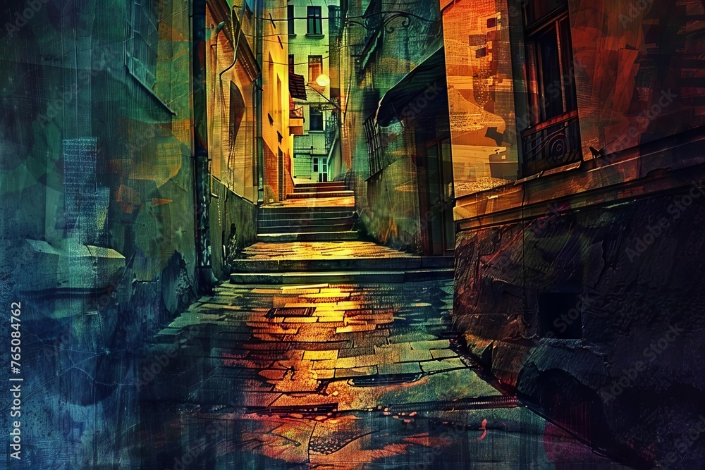 Veiled Shadows Intriguing Alleyways at Night, Digital Art, Urban Mystery Theme
