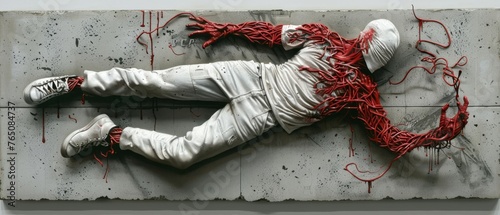  A man, covered in red string, lies on the ground, forming a sculpture of a human body photo