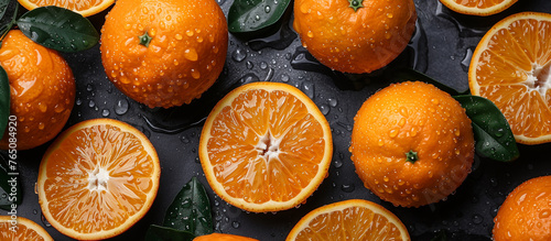 Wet orange in water splash. Juicy citrus fruit background. Healthy food.