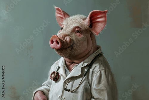 Hygienic Anthropomorphic pig wearing doctor medical uniform. Piglet animal dressed in white hospital coat. Generate ai