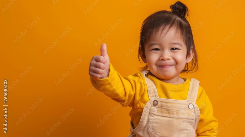 Cheerful Asian Toddler Giving Thumbs Up on Solid Orange Background. Copy space. Cheerful Asian Toddler Giving Thumbs Up on Solid Orange Background. Copy space.