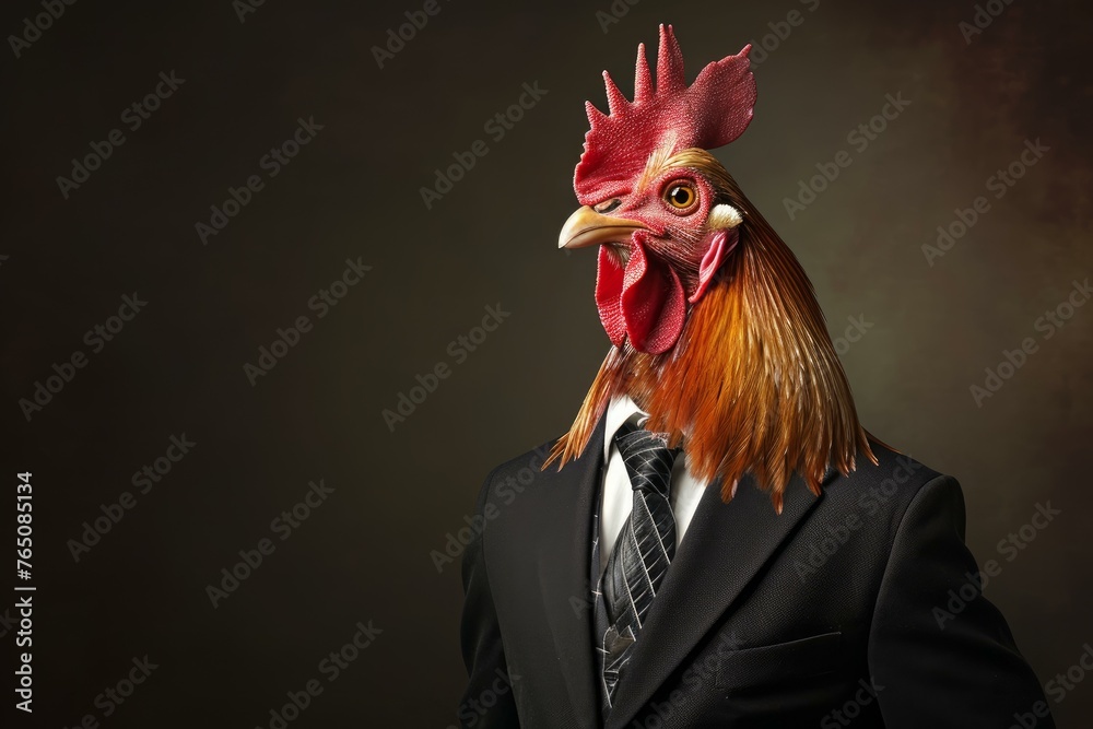 Assertive Anthropomorphic rooster in business suit. Chicken farm. Generate Ai