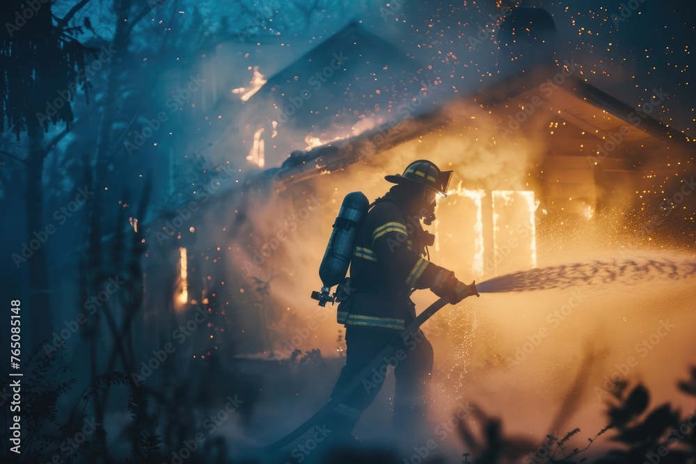 Action-shot of firefighter quenching house fire with water and extinguisher - obrazy, fototapety, plakaty 