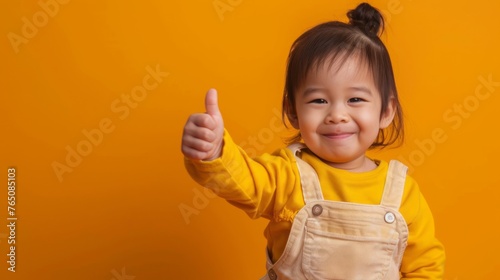 Cheerful Asian Toddler Giving Thumbs Up on Solid Orange Background. Copy space.