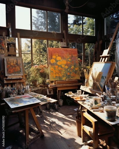 sun-drenched artist's studio, where the chaos of creativity is beautifully organized into a tapestry of colors and textures