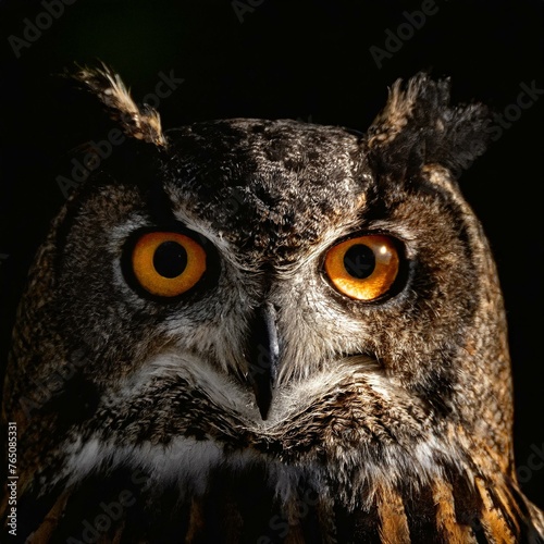 The haunting look of an owl in close-up, isolated on black background © juanorihuela