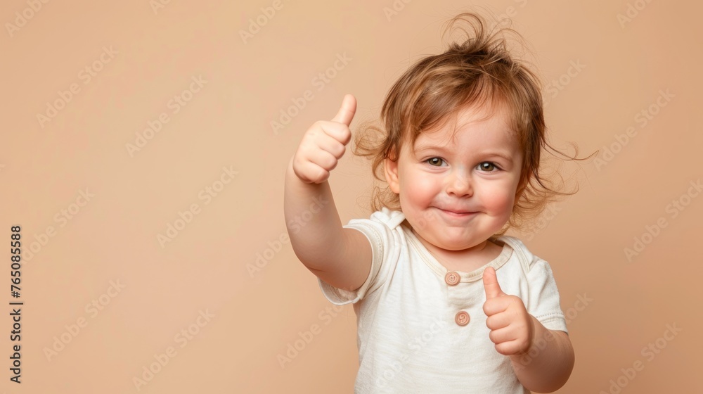 Cheerful Toddler Giving Thumbs Up on Solid Beige Background. Copy space. Cheerful Toddler Giving Thumbs Up on Solid Beige Background. Copy space.