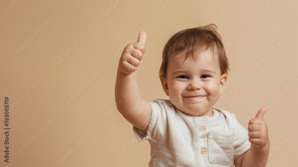 Cheerful Toddler Giving Thumbs Up on Solid Beige Background. Copy space. Cheerful Toddler Giving Thumbs Up on Solid Beige Background. Copy space.