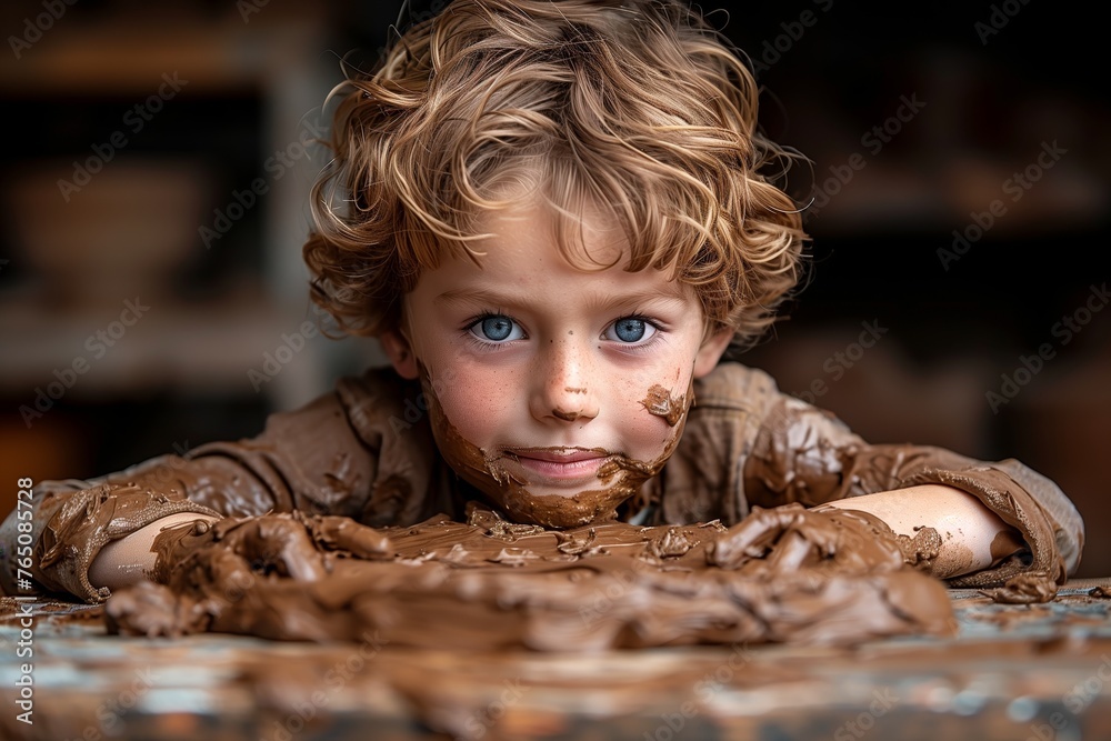 Boy covered in chocolate with a crafty look Boy covered in chocolate with a crafty look