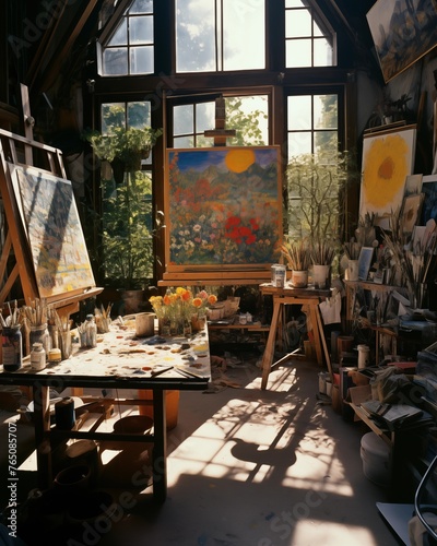 sun-drenched artist's studio, where the chaos of creativity is beautifully organized into a tapestry of colors and textures