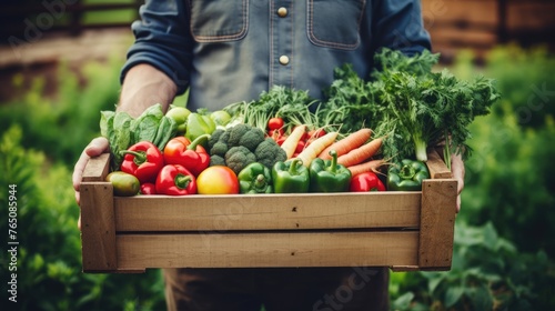 Men's hands are holding a box of vegetables and fruits in the garden. Healthy eating, diet, agriculture, harvesting.