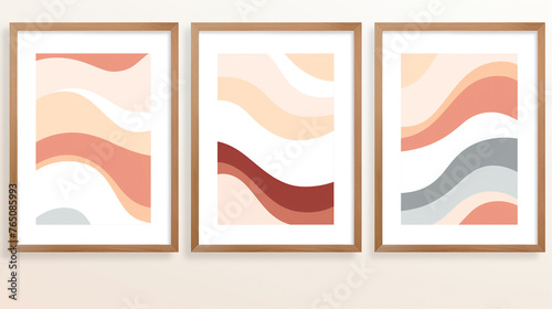 Three-part series of abstract vectors, hand-drawn with minimalist flair, showcasing flowing contours and muted colors for serene wall decor or tranquil hanging tapestries.