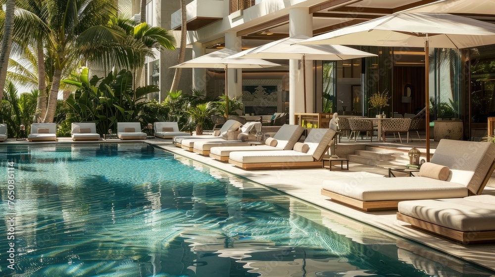 Fototapeta premium Dive into relaxation. Our pool image showcases crystal-clear waters, inviting sun loungers, and cozy seating areas for guests to chill and soak up the sun