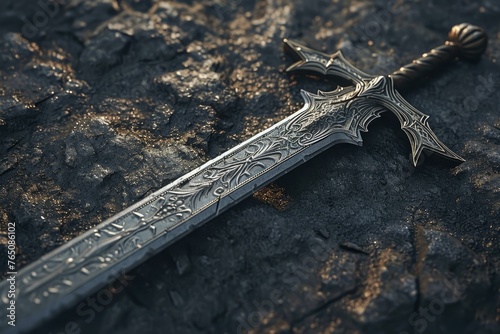 Enigmatic Ancient sword fantasy silver. Myth metal. Generate Ai