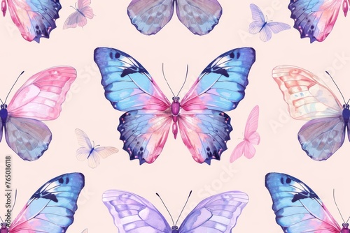 Butterflies blue and pink backdrop pattern Generative AI © Valeriia