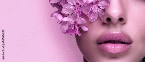  A photo of a woman with flowers on her face against a pink backdrop