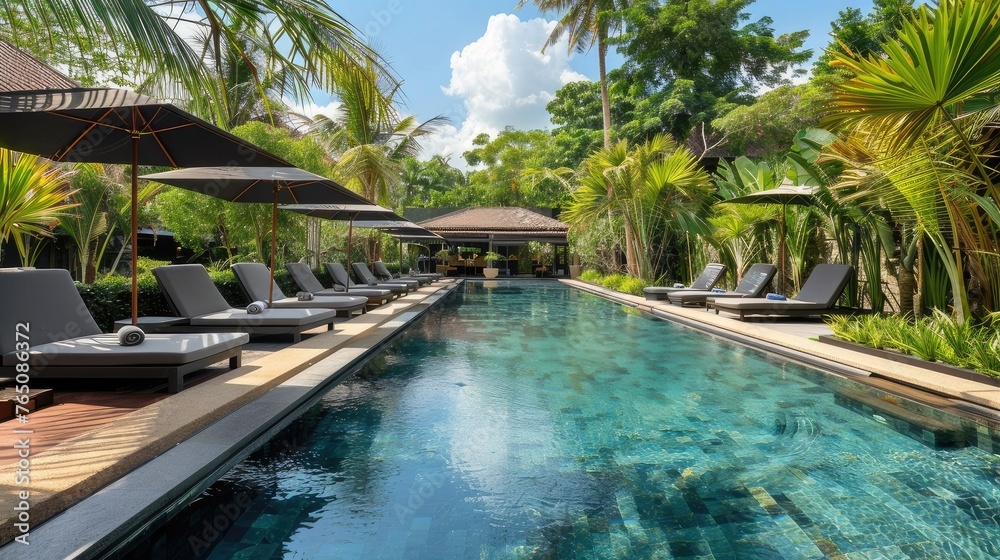 Dive into relaxation. Our pool image showcases crystal-clear waters, inviting sun loungers, and cozy seating areas for guests to chill and soak up the sun