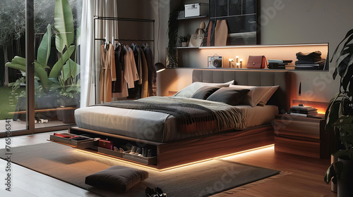 Modern bedroom with a bed frame that incorporates pull-out trays under the mattress for discreet storage of shoes and handbags