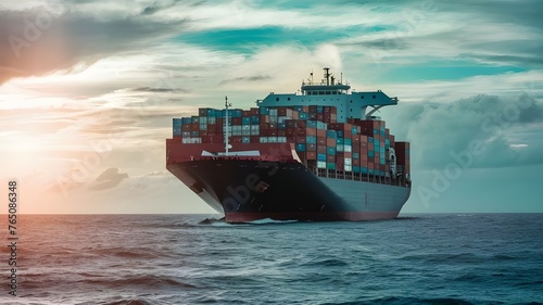 Ocean Voyage: Large Cargo Ship Carrying Containers in Photograph