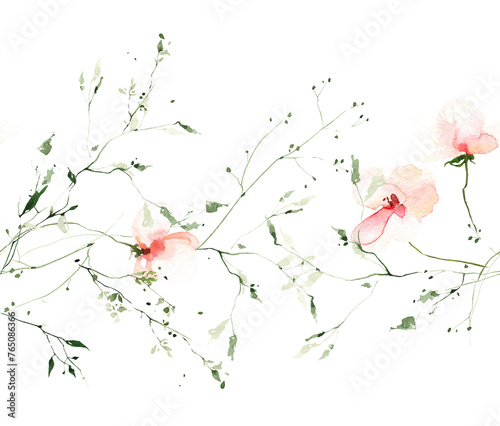 Watercolor painted seamless border frame on white background. Wild orange and pink flowers  green branches  leaves.