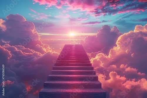 Playful illusion of a staircase leading to the sky, closeup, vibrant sunset, journey of growth