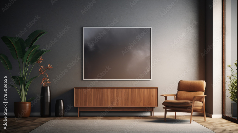 Visualize a 3D-rendered interior of a contemporary living room where a solitary mockup frame rests on a cabinet, stark against the canvas of a dark wall, waiting for a touch of artistry. Visualize a 3D-rendered interior of a contemporary living room where a solitary mockup frame rests on a cabinet, stark against the canvas of a dark wall, waiting for a touch of artistry.
