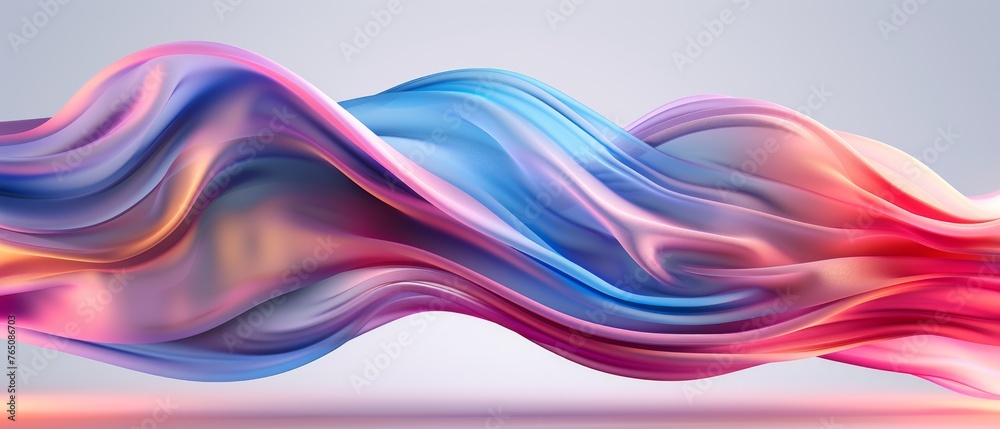  A blue and pink abstract wave on a gray background with reflections on the bottom - obrazy, fototapety, plakaty 