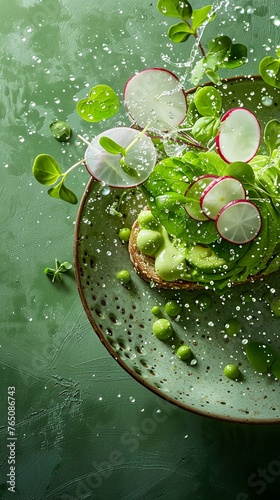Avocado Toast launching from a ceramic plate, with radish slices and microgreens suspended, showcased on a crisp mint background