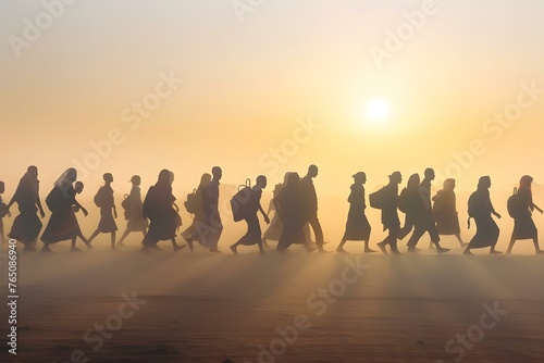 People seeking refuge from war violence or persecution cross international borders to find safety in another country. Concept Refugees, Cross-border Migration, Humanitarian Crisis photo