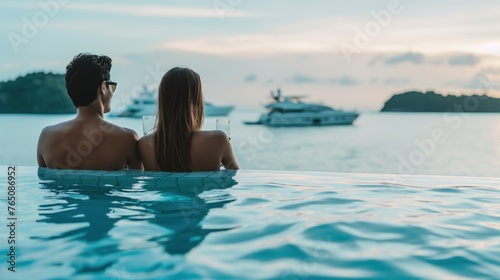 Serene couple enjoying sunset by the infinity pool with glass of Champaign, luxury yachts in the distance. concept of tranquil travel and romantic relaxation
