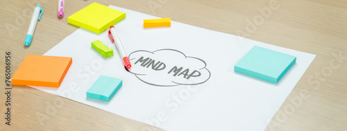 Business marketing strategy and brain storming mind map, colorful sticky notes and equipment placed on table at modern workplace. Creativity startup and marketing plan concept. Closeup. Variegated.