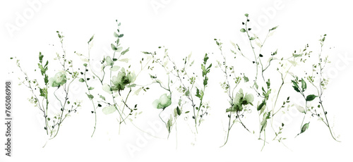 Watercolor painted meadow growing greenery frame on white background. Green wild plants, branches, leaves and twigs.