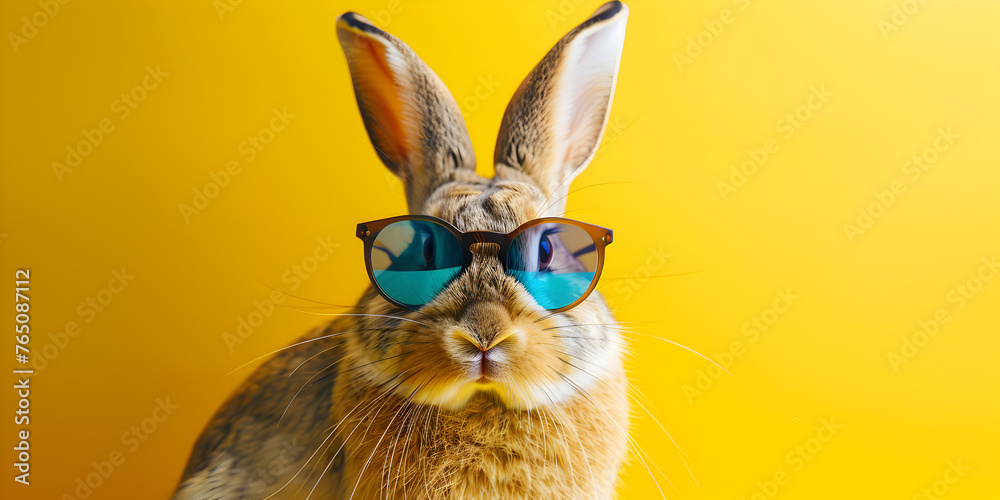 Easter bunny with sunglasses Funny rabbit close yellows background.