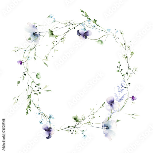 Watercolor painted floral round frame on white background. Violet  blue wild flowers  green branches  leaves.