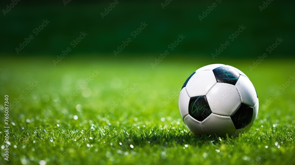 Classic soccer ball, typical black and white pattern, placed on the white marking line of the stadium turf. Traditional football ball on the green grass lawn with copy space