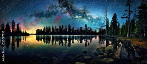 A tranquil lake reflecting the shimmering stars above under a clear night sky, creating a peaceful and beautiful scene