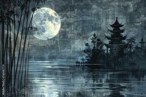 A moonlit scene on a four-panel screen. Bamboo casts elongated shadows, and a pagoda stands tall.