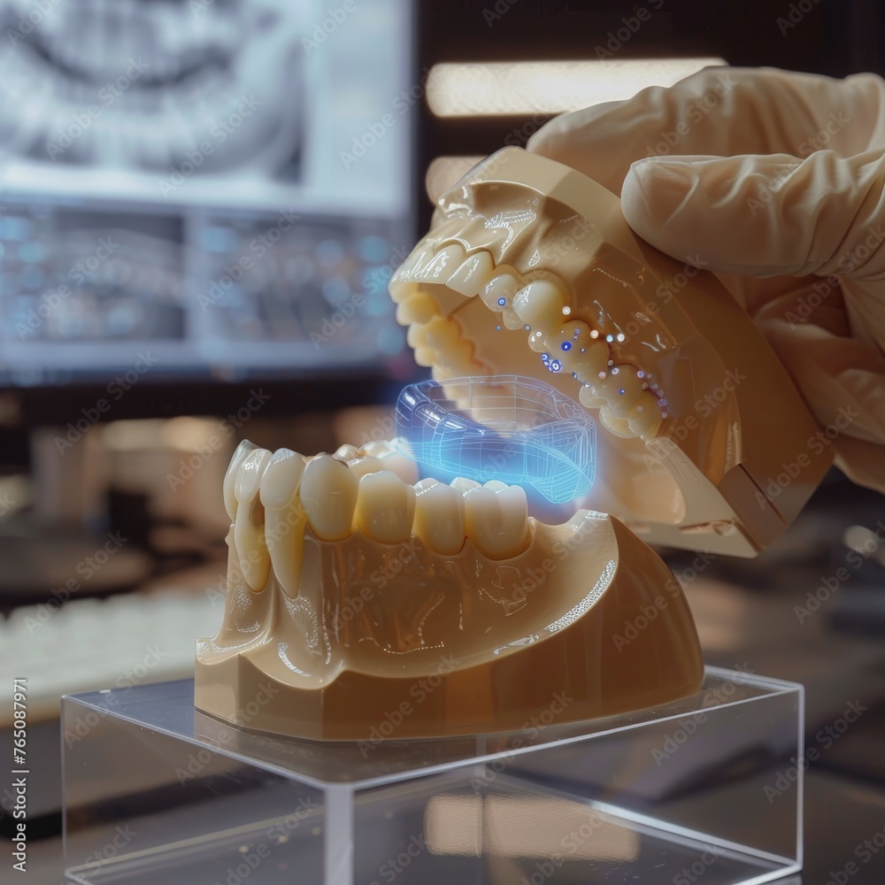 A dental model receives an AR treatment visualization, melding physical ...