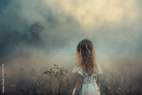 Girl in a foggy field. Cinematic art photography of a lost lonely girl. Concept illustration of psychological problems, for music album, book cover. photo