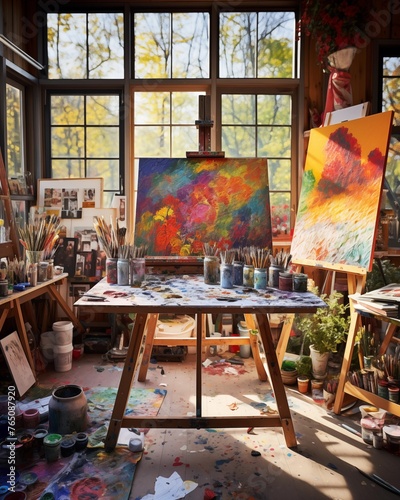 sun-drenched artist's studio, where the chaos of creativity is beautifully organized into a tapestry of colors and textures