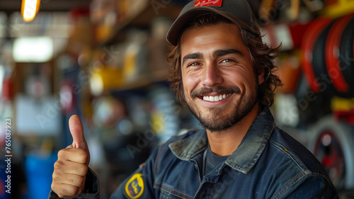 Satisfied mechanic approves repair service with cheerful thumbs-up.generative ai photo